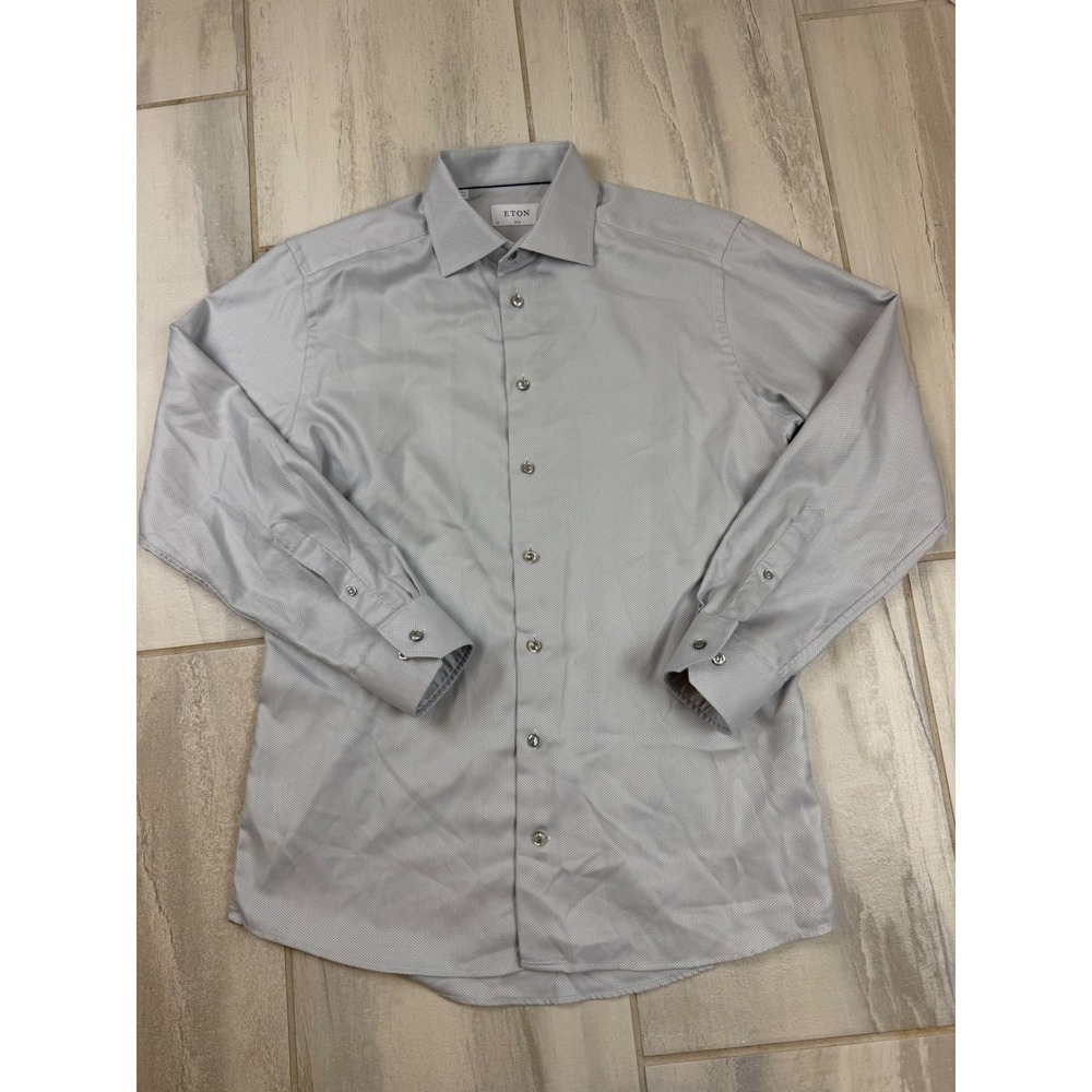 Eton Mens Slim Fit Dress Shirt 16 41 Light Blue Micro Pattern Cotton Button Down